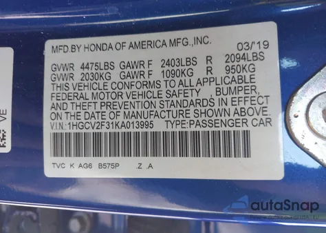 2019 Honda Accord Sport 2.0T z USA, uszkodzony, nr VIN 1HGCV2F31KA013995